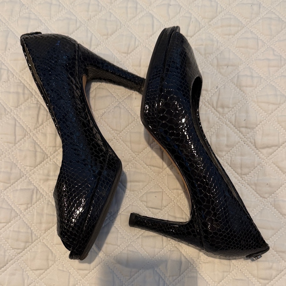 Stuart Weitzman Black Patent Python Peep-Toe Heels - image 2
